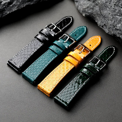 Cinturino per orologio fatto a mano in pelle di serpente, 18, 19, 20 mm, stile morbido e vintage, a sgancio rapido, verde, nero, giallo, lunghezza S/M