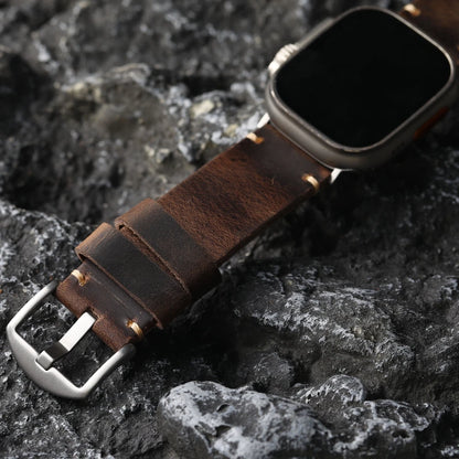 Bracciale in pelle bovina da uomo fatto a mano strato superiore, stile retrò per iWatch Apple Watch Ultra 2 49MM 45MM 44MM 42MM, cinturino spesso marrone