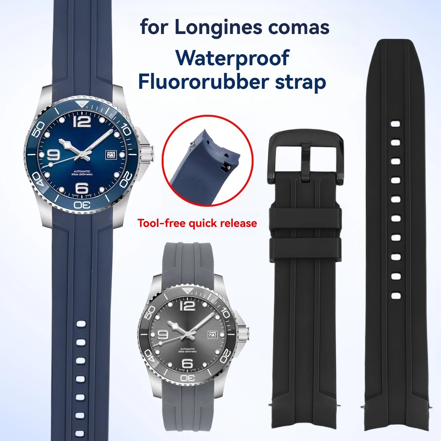 Per Longines HydroConquest L3.781/782/742/642 21 mm FKM Bracciale in gomma – Cinturino di ricambio in fluorocarbonio pronto per l'immersione da uomo
