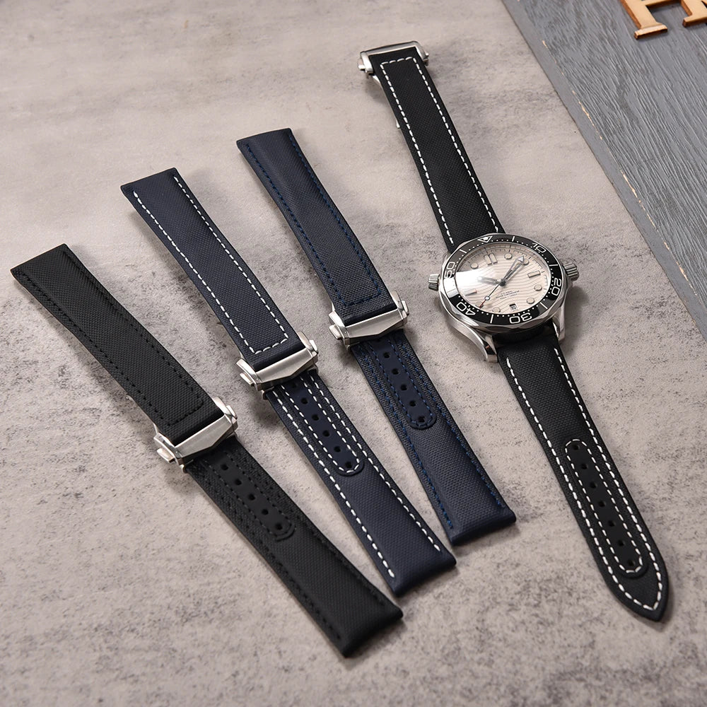 Bracelet de montre en Nylon en tissu voile, 20mm 22mm, en cuir, pour Omega Seamaster Swatch, boucle pliante, Bracelet universel