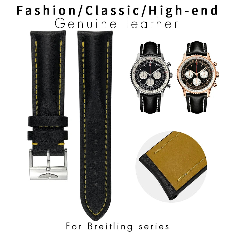 Bracelet de montre en cuir véritable de haute qualité, 20mm, 21mm, 22mm, adapté aux outils de bracelet de montre Breitling Superocean Navitimer Avenger noir