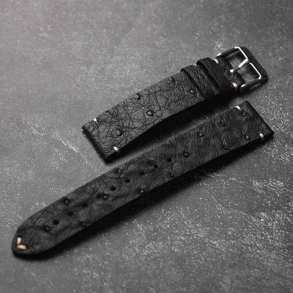 Cinturino per orologio in pelle di struzzo ultra sottile fatto a mano 18 19 20 21 22 MM Bracciale morbido nero da uomo Cinturino in pelle stile vintage
