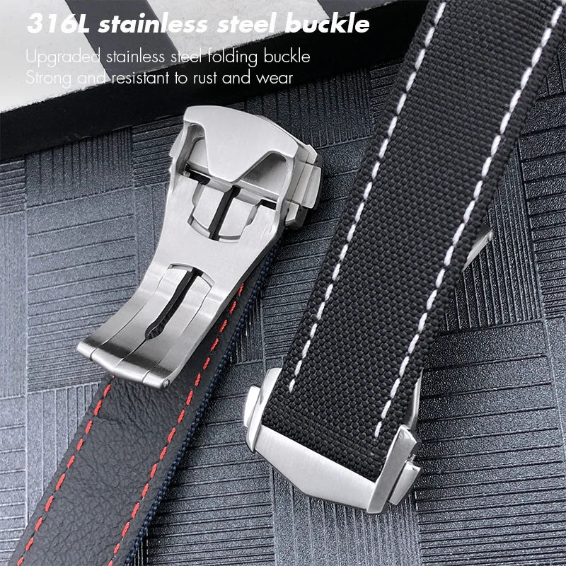 Optical-Nylon leather watch strap, for Omega Seamaster AT150 Speedmaster De Ville, high quality folding clasp, 19mm, 20mm