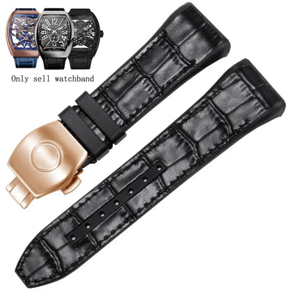 Bracelet de montre pliable en nylon et cuir véritable, bracelet de montre en silicone, noir, bleu, haute qualité, compatible avec Franck Muller, série V45, 28mm