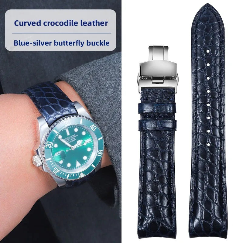 Bracelet de montre incurvé en peau de Crocodile, 20mm 22mm, pour Rolex Omega Tissot IWC Seiko, Bracelet en cuir véritable souple pour hommes