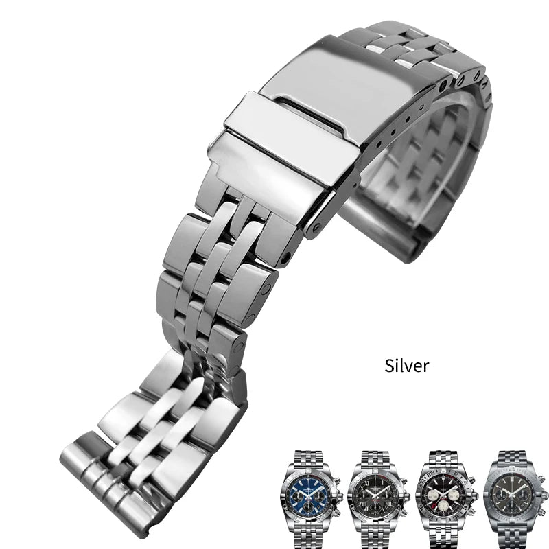 Bracelet de montre étanche en métal argenté, bracelet de montre solide, acier inoxydable, Breitling, Avenger, Heritage, Smile, Ocean, 20mm, 22mm, 24mm