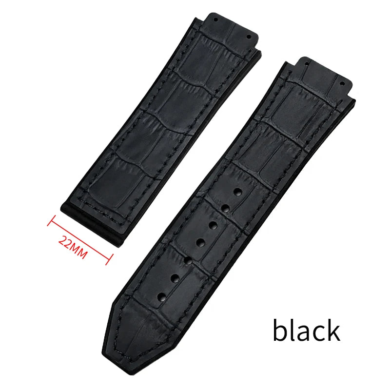 Cinturino per orologio in gomma e pelle bovina 19mm x 26mm per HUBLOT Big Bang colorato nero blu, grana coccodrillo, in pelle bovina, da uomo e donna