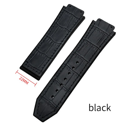 Cinturino per orologio in gomma e pelle bovina 19mm x 26mm per HUBLOT Big Bang colorato nero blu, grana coccodrillo, in pelle bovina, da uomo e donna
