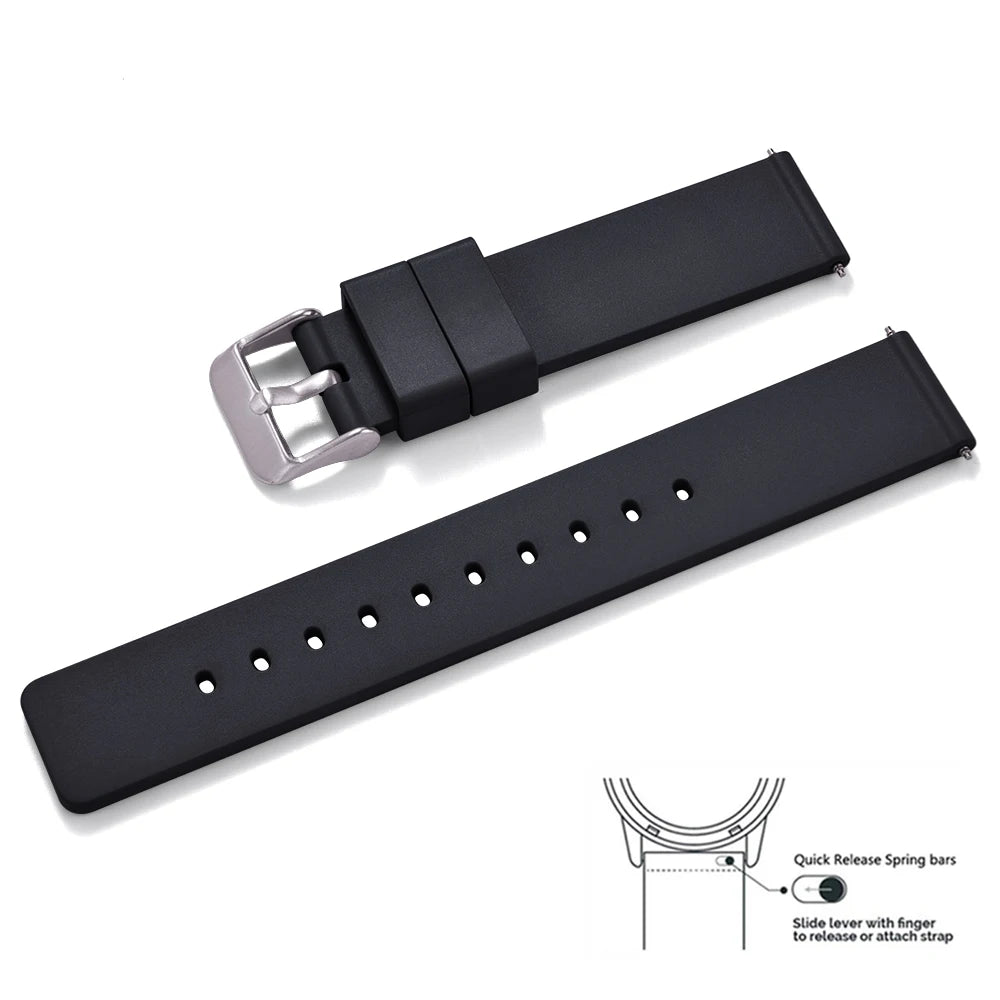 Premium quality smooth flat FKM rubber watch strap 16mm 18mm 20mm 22mm 24mm quick release soft rubber watch straps