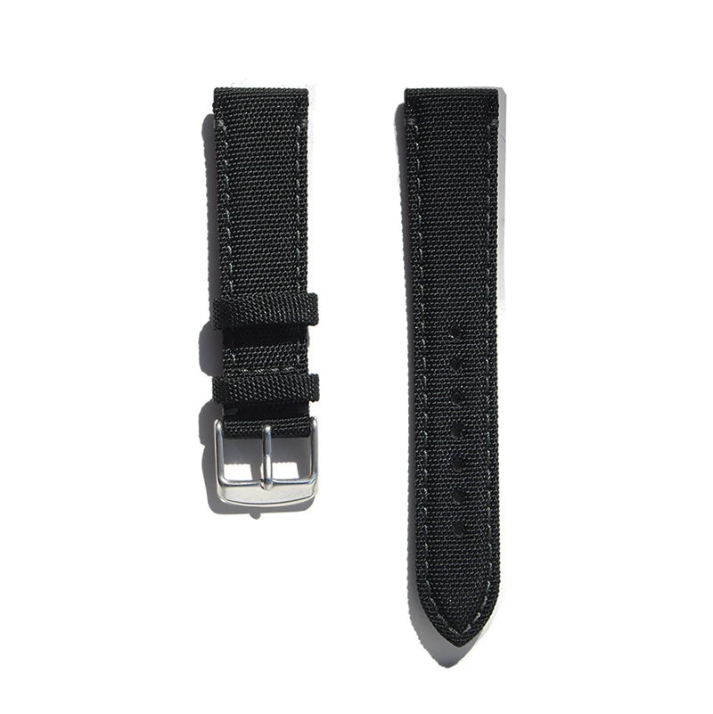 Premium Quality Nylon Black Sailcloth Leather Stitched Watch Strap 18mm 20mm 22mm