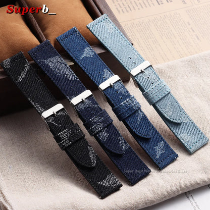Bracelet de montre en nylon et toile de denim à dégagement rapide 20mm 22mm, bracelets universels en cuir pour Omega et Seiko avec fermoir métallique