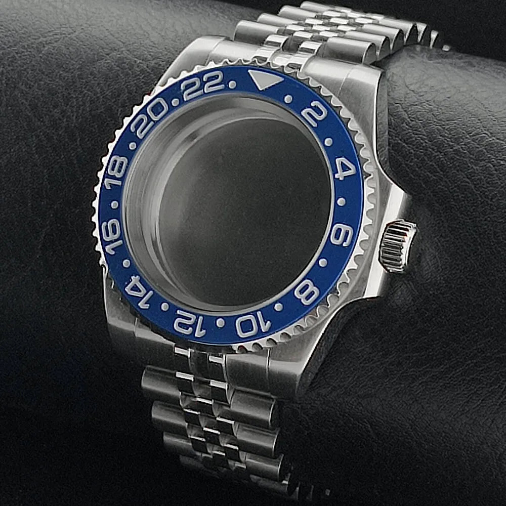 Nouveau 40.5mm GMT fit NH-34 boîtier en argent lunette peut tourner dans les deux directions saphir boîtier de montre étanche pièces de montre accessoires
