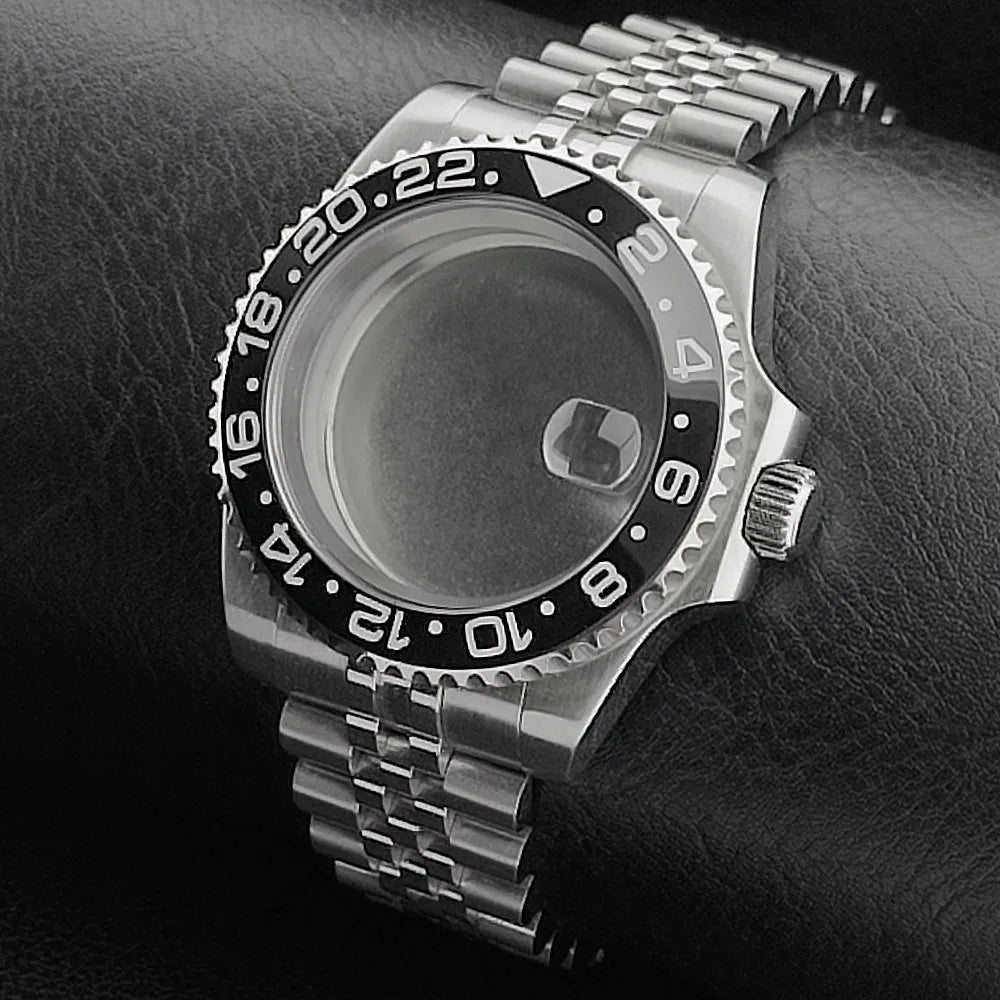 Nouveau 40.5mm GMT fit NH-34 boîtier en argent lunette peut tourner dans les deux directions saphir boîtier de montre étanche pièces de montre accessoires