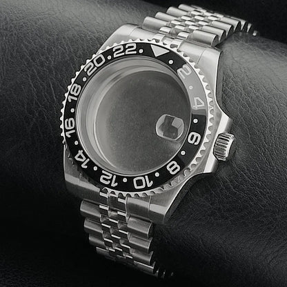 Nouveau 40.5mm GMT fit NH-34 boîtier en argent lunette peut tourner dans les deux directions saphir boîtier de montre étanche pièces de montre accessoires