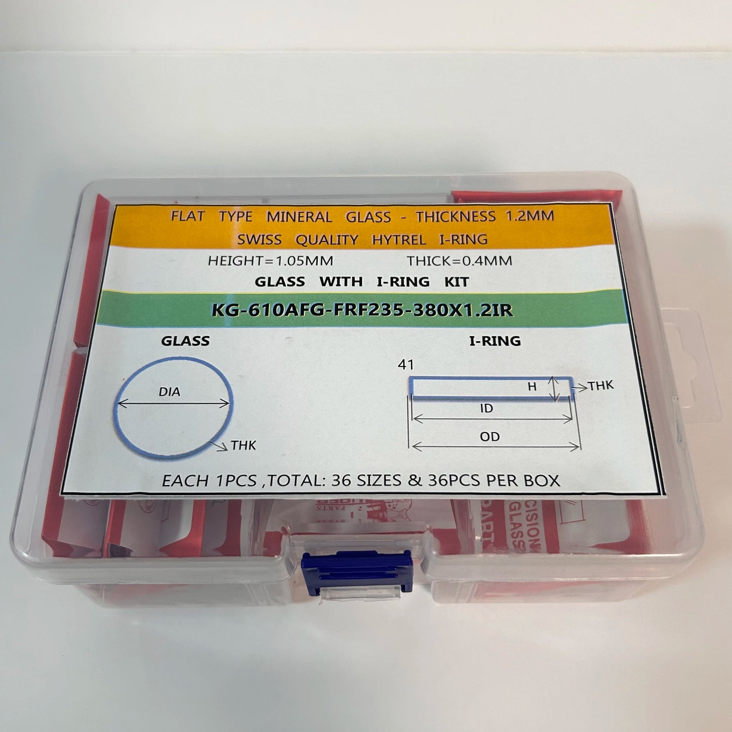 Flat Type Mineral glass set, 1.2mm thickness, 23.5mm-38mm, round watch crystal with 0.4mm thickness 1.05mm height, plastic gasket