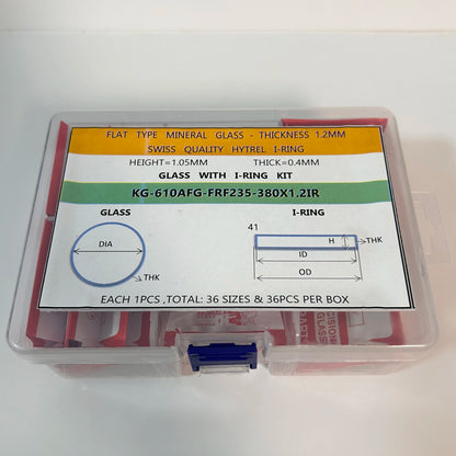 Flat Type Mineral glass set, 1.2mm thickness, 23.5mm-38mm, round watch crystal with 0.4mm thickness 1.05mm height, plastic gasket