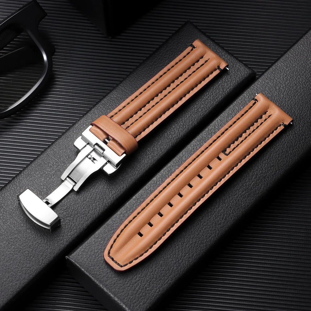 Bracelet en cuir de vache véritable pour hommes, 20mm, 22mm, 24mm, pour montre Seiko Vintage en cuir marron, bracelet de montre à fermoir papillon pour Omega