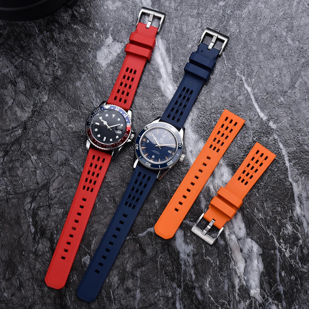 High Quality Quick Release FKM Fluoro Rubber Watch Strap 20mm 22mm New Design Porous Structure Ventilate FPM Rubber Watch Straps