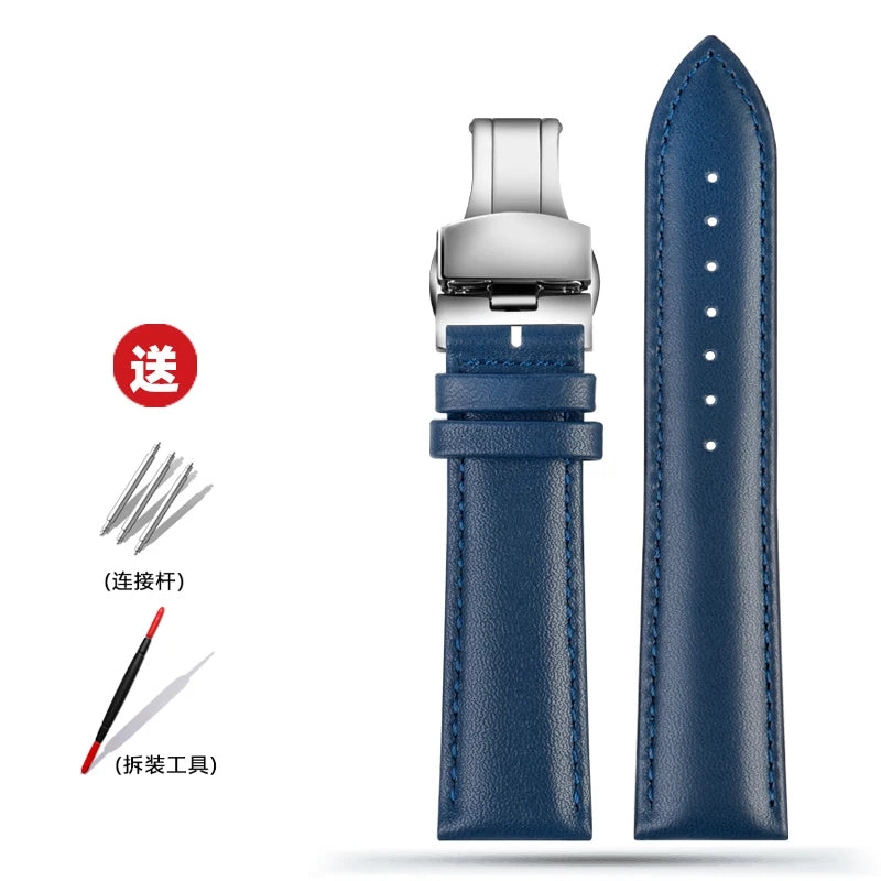 Blue Leather Bracelet for Men and Women, 12mm, 14mm, 16mm, 18mm, 20mm, 22mm for Tissot Longines, Omega Seamaster, Blue, Black, Brown