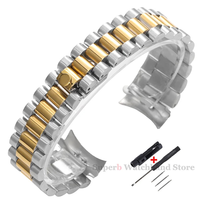 Bracelet en métal massif de 20mm pour bracelet en acier inoxydable à extrémité incurvée Rolex pour boucle présidentielle Oyster pour hommes argent or