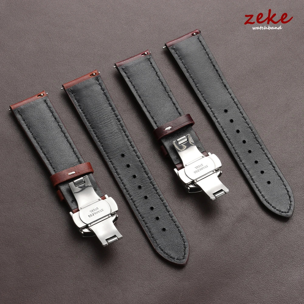 Bracelet de montre Vintage en cuir ciré à l'huile, 18mm 20mm 22mm, couche de tête universelle en cuir de vache, accessoires de Bracelet à boucle papillon