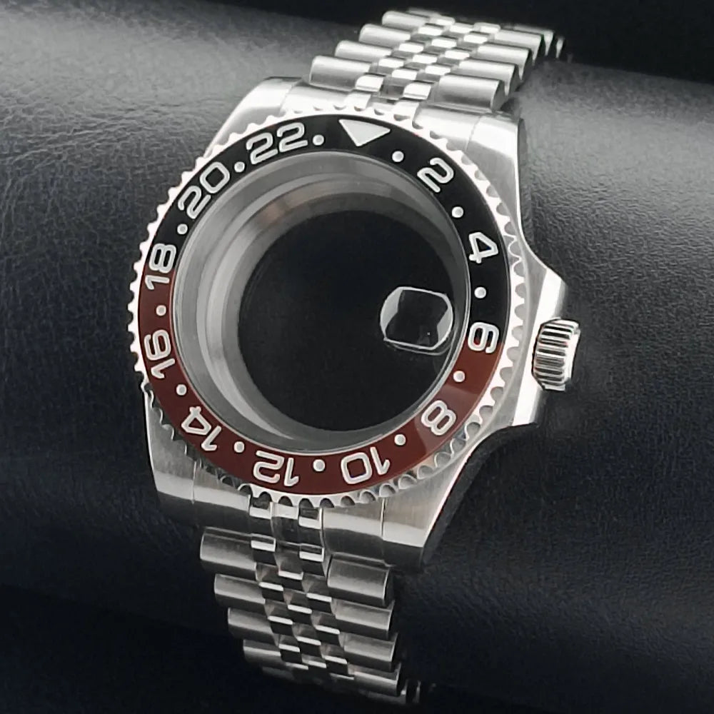 Nouveau 40.5mm GMT fit NH-34 boîtier en argent lunette peut tourner dans les deux directions saphir boîtier de montre étanche pièces de montre accessoires