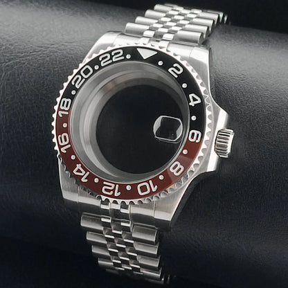 Nouveau 40.5mm GMT fit NH-34 boîtier en argent lunette peut tourner dans les deux directions saphir boîtier de montre étanche pièces de montre accessoires