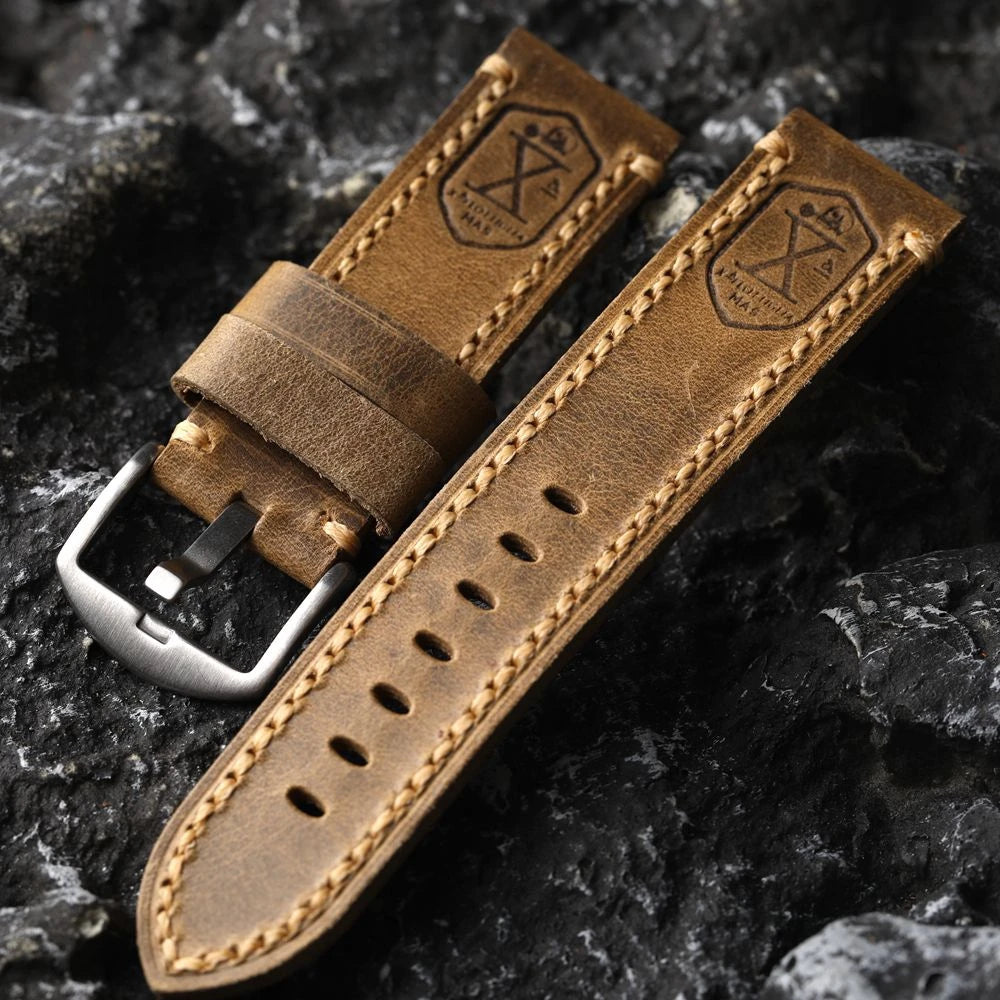 Bracciale in pelle di vacchetta con testa tedesca fatto a mano, 20 21 22 23 24 26MM, piegato vintage senza clip, cinturino in vera pelle per uomo, stile vintage