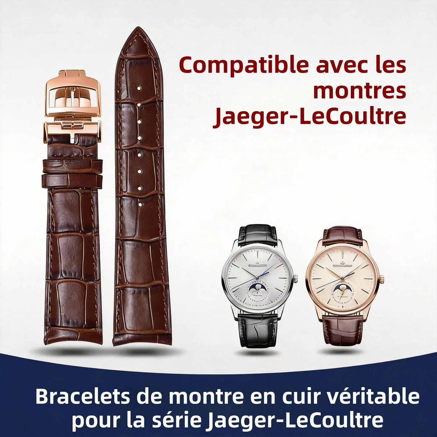 Compatibile con Jaeger-LeCoultre Master Ultra Thin, cinturino in vera pelle con chiusura deployante, estremità curva 20 mm marrone nero