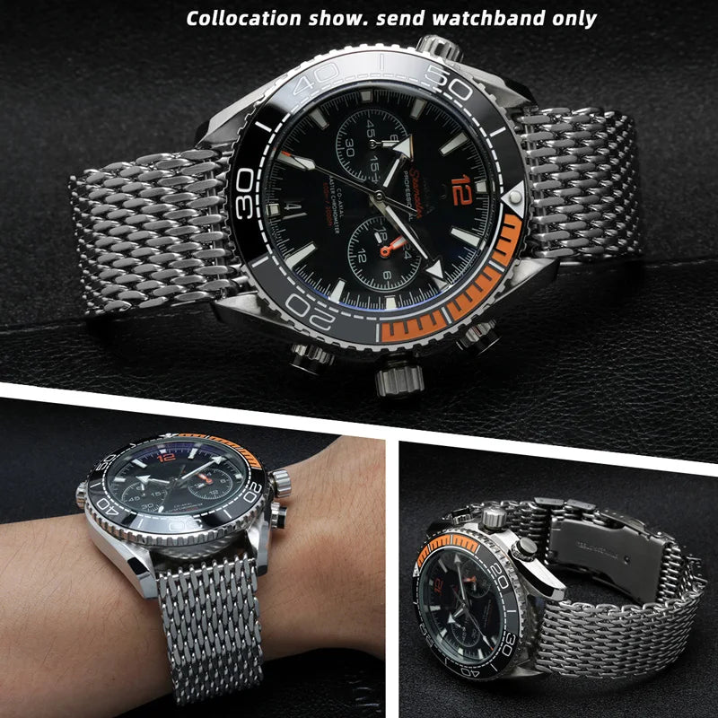 20/22/24mm Steel Dive Shark Mesh for Milanese Watch Bracelet Strap Band Weaving Double Snap Strap For Breitling Omega Seiko
