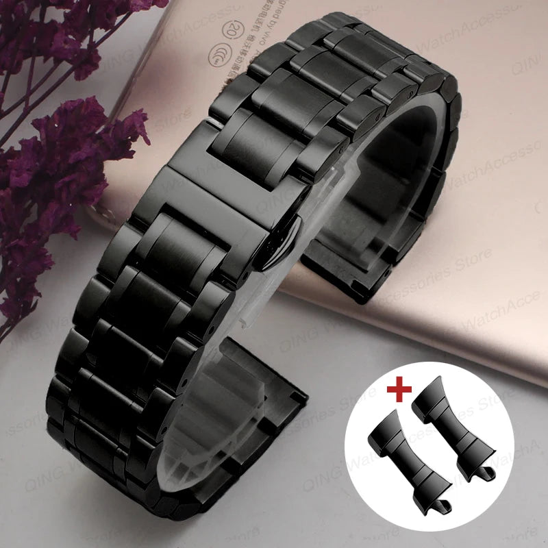 Solid stainless steel watch band with flat, arc-shaped end for Tissot butterfly clasp bracelets, sizes 12, 13, 14, 15, 16, 17, 18, 19, 20, 21, 22, 23, 24mm, universal