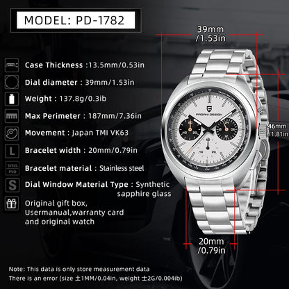 Montre Homme 39mm Chronographe à Quartz - PAGANI DS Panda Dial VK63 Saphir Sport