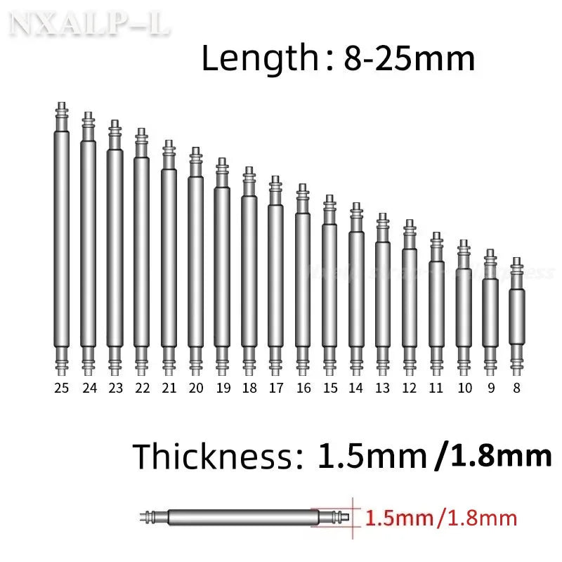 Barres à ressort en acier inoxydable, 360mm/1.5mm, longueur 8mm- 25mm, goupille de liaison en métal pour bracelet de montre, outils de réparation de montres, 1.8 pièces/ensemble