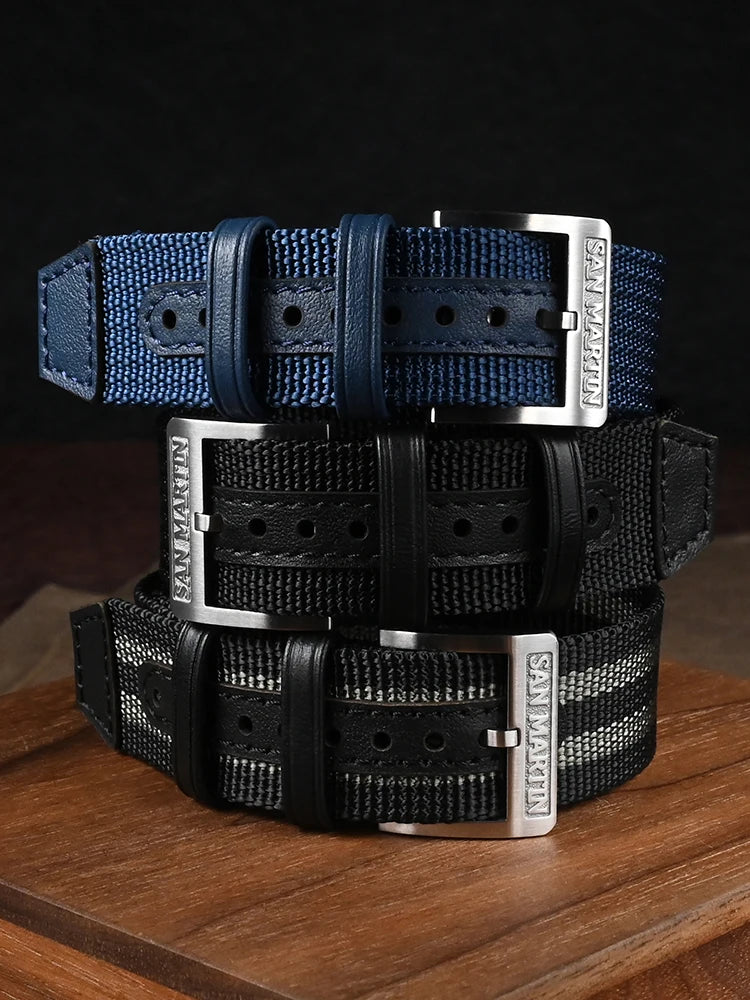 Cinturino per orologio San Martin, pezzo unico, 20 mm, nylon resistente, acciaio inossidabile 316L, fibbia ad ardiglione con logo, fibbia in pelle retrò militare SN0105