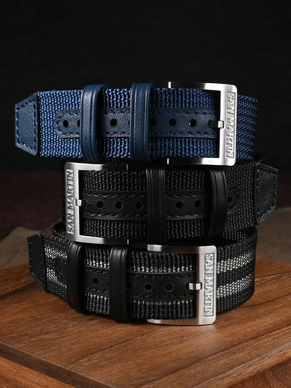 Cinturino per orologio San Martin, pezzo unico, 20 mm, nylon resistente, acciaio inossidabile 316L, fibbia ad ardiglione con logo, fibbia in pelle retrò militare SN0105