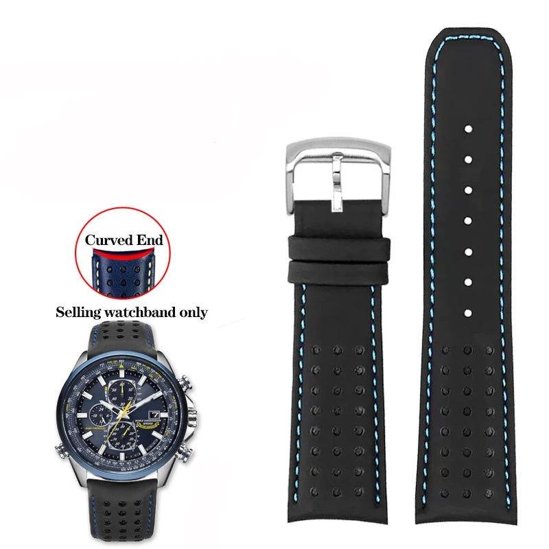 Curved End Leather Watch Strap, 22mm 23mm, for Citizen Blue Angel AT8020-54L/8020-03L JY8078 AT8020 Series, Black