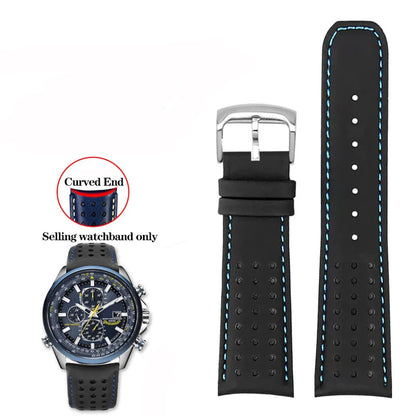 Curved End Leather Watch Strap, 22mm 23mm, for Citizen Blue Angel AT8020-54L/8020-03L JY8078 AT8020 Series, Black