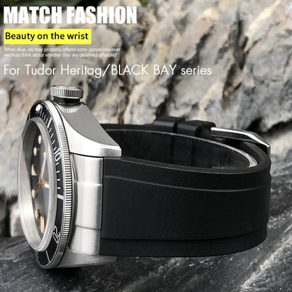 Cinturino per orologio flessibile in gomma fluorurata FKM, 20mm 22mm, estremità curva, per Tudor Black Bay 1958, cinturino nero, fibbia deployante