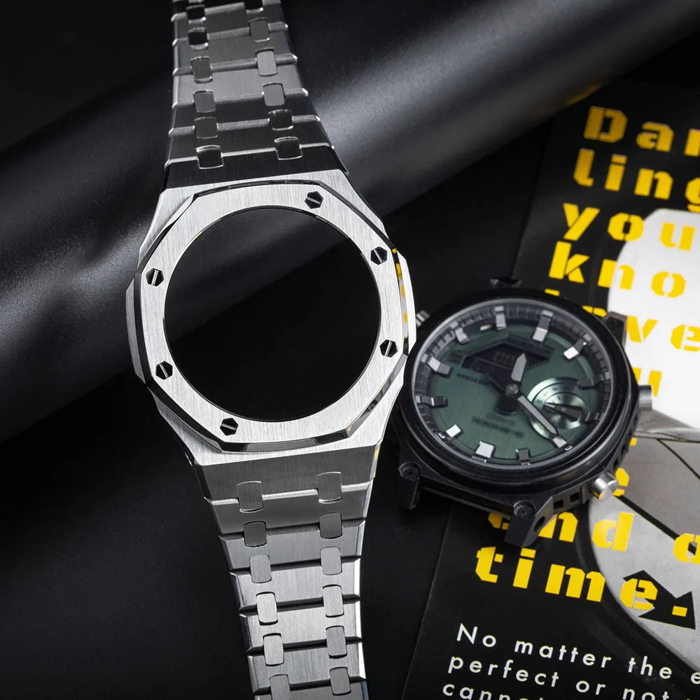 GM-2100 Metal Case Bracelet for Casio Oak Watch | Farmhouse Oak Mod Accessories | Replacement Bezel and Band Set (Silver/Black/Gold)