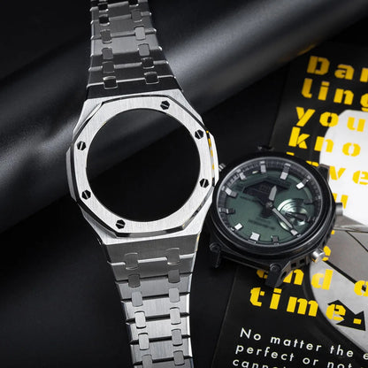 GM-2100 Metal Case Bracelet for Casio Oak Watch | Farmhouse Oak Mod Accessories | Replacement Bezel and Band Set (Silver/Black/Gold)