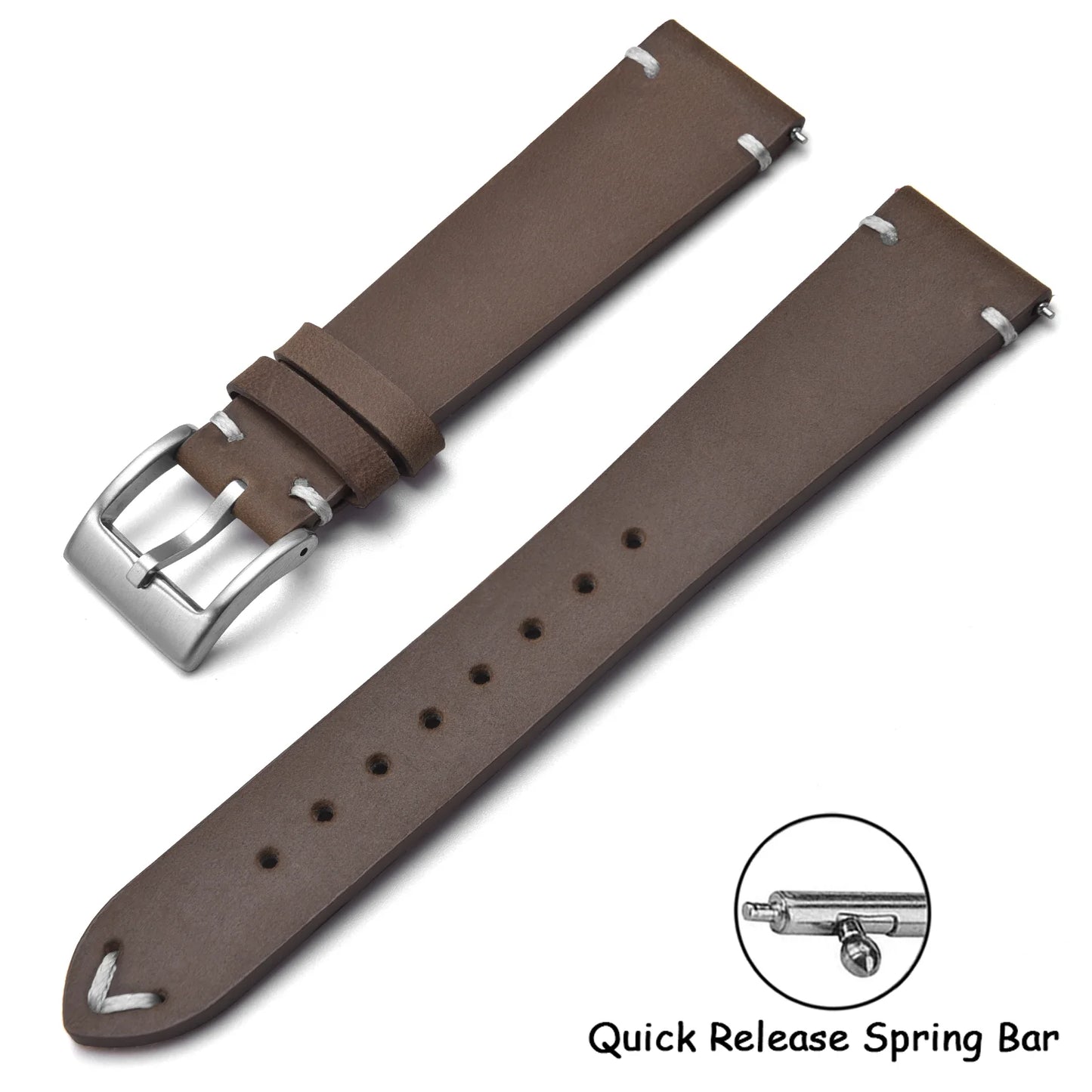 Quick Release Crazy Horse Leather Watch Strap, 18mm 20mm 22mm, Brown, for Men and Women, Compatible with Seiko Omega Huawei
