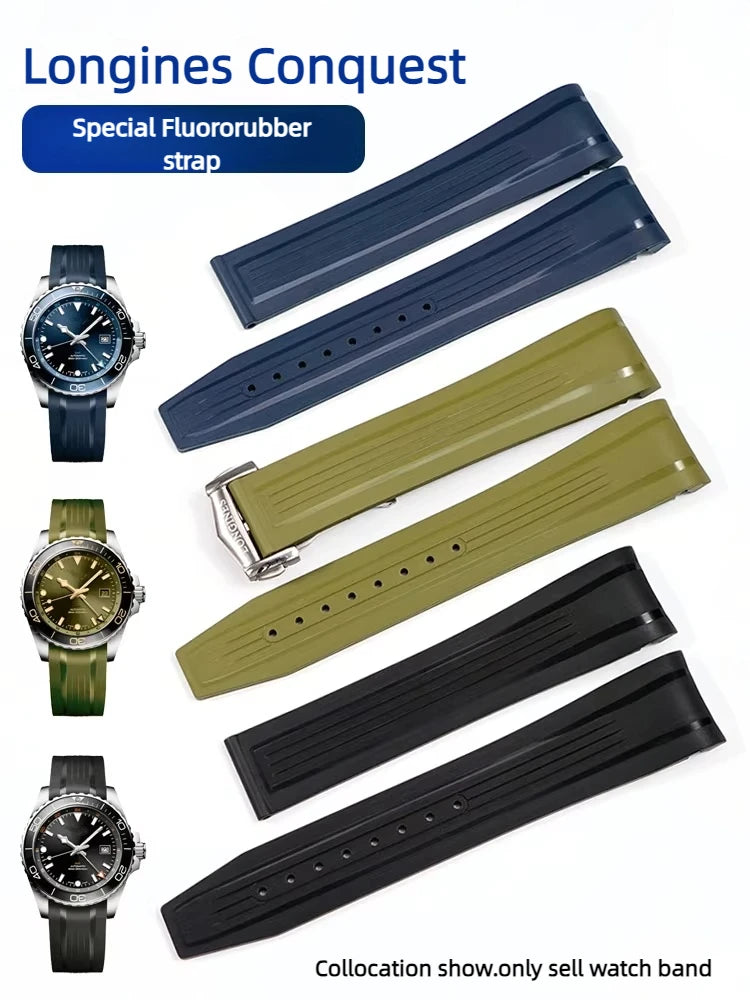 Bracelet en caoutchouc fluoré de haute qualité pour montre Longines Conquest GMT L3.890.4 L3.790.4 L3.830.4 bracelet de montre FKM à extrémité incurvée