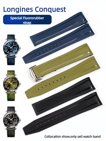 Bracelet en caoutchouc fluoré de haute qualité pour montre Longines Conquest GMT L3.890.4 L3.790.4 L3.830.4 bracelet de montre FKM à extrémité incurvée