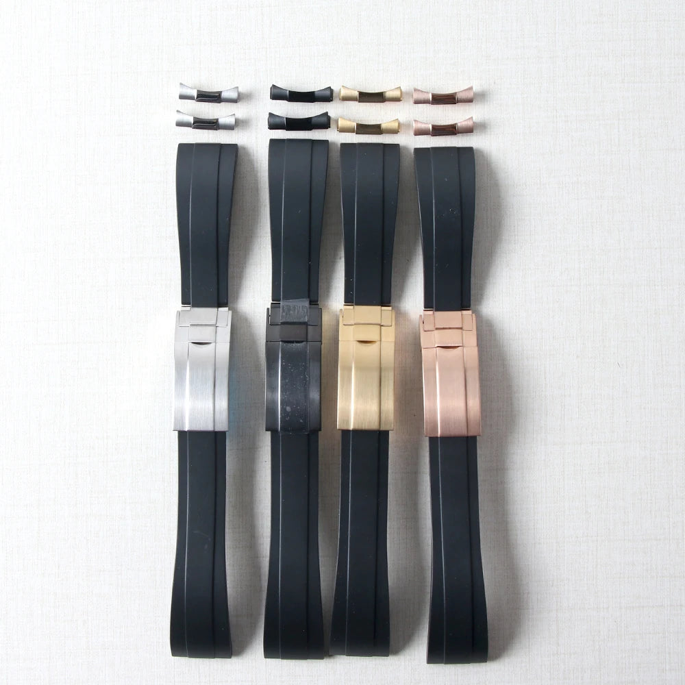 Bracelet de montre en caoutchouc de 20mm pour Yacht-Master Seiko Daytona Submariner, extrémité incurvée avec boucle Endlink, Bracelet en Silicone noir