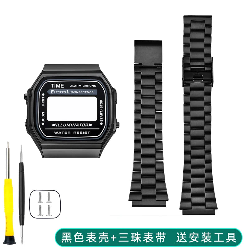 Boîtier de lunette métallique en acier inoxydable + Kit de bracelet pour Casio F91W/A158/A159 – Bracelet de montre et outils de remplacement personnalisés (argent/noir/or)
