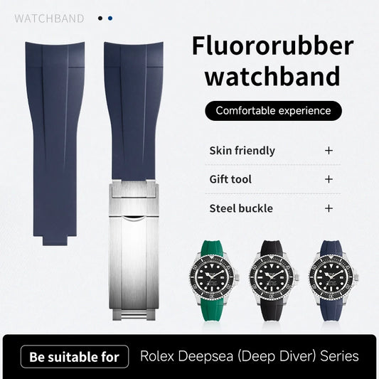 Cinturino per orologio in gomma FKM Fluoro morbida, estremità curve da 44 mm 21 mm, per bracciale sfumato blu Deepsea, per bracciale Rolex Sea-Dweller 116660-98210
