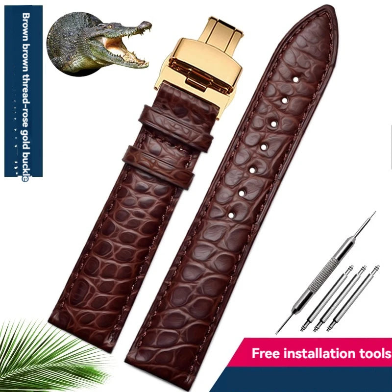 Bracelet en peau de crocodile véritable pour homme et femme, bracelet en alligator, fermoir papillon, Longines, Omega, Mido, Tissot, Rossini, 16mm, 18mm, 20mm, 22mm