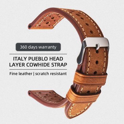 Men's Cowhide Leather Watch Strap, Handmade Top Layer, Italian Genuine Leather 18 19 20 21 22MM, Breathable Hole Design, Vintage