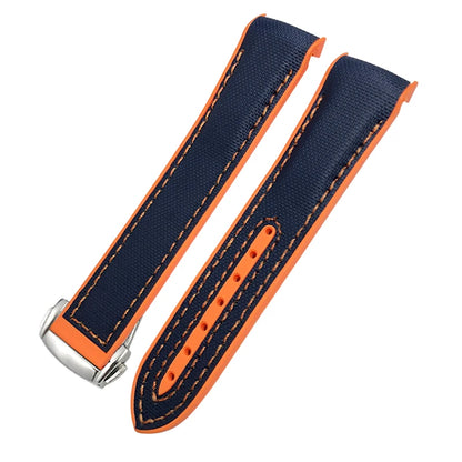 Cinturino per orologio in gomma, nylon e pelle, cinturino in silicone arancione, tela nera, adatto per Omega Seamaster 84300, Planet Ocean 600, 20mm, 21mm, 22mm