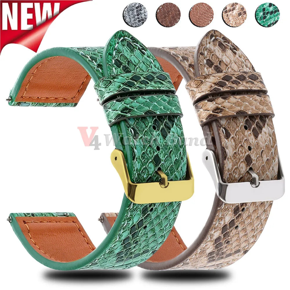 Bracelet de montre vert, noir, marron 20mm 22mm en cuir de serpent avec boucle métallique noire et dorée, ultra-fin, pour affaires